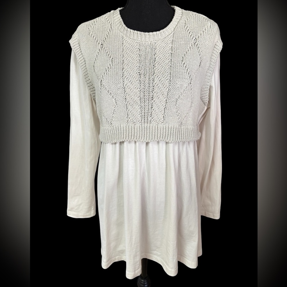 🩶ZARA Cream & Gray Long Sleeve Half Cable Knit Sweater Mini Dress/Blouse Sz Lg🩶